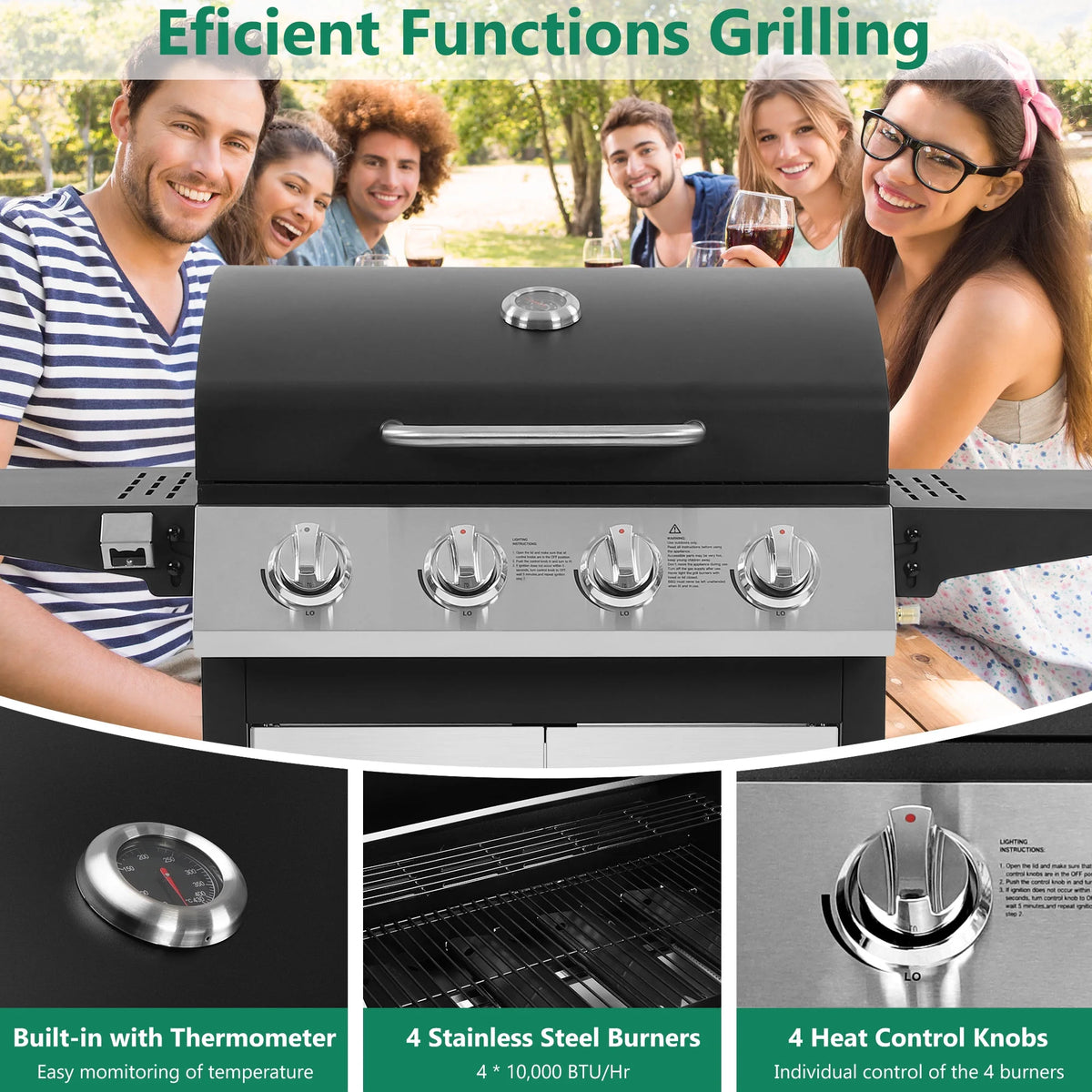 4 - Burner Gas Grill with 4 Universal Wheels & Bottle Opener, 40000BTU Outdoor Grill with Side Table for Camping, Black & Sliver