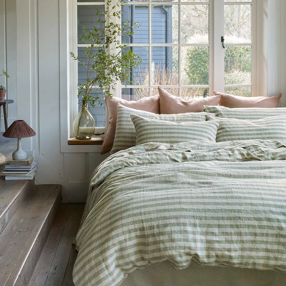 Pear Check Stripe Linen Duvet Cover Size King/Cal King | 100% European Linen by Piglet in Bed