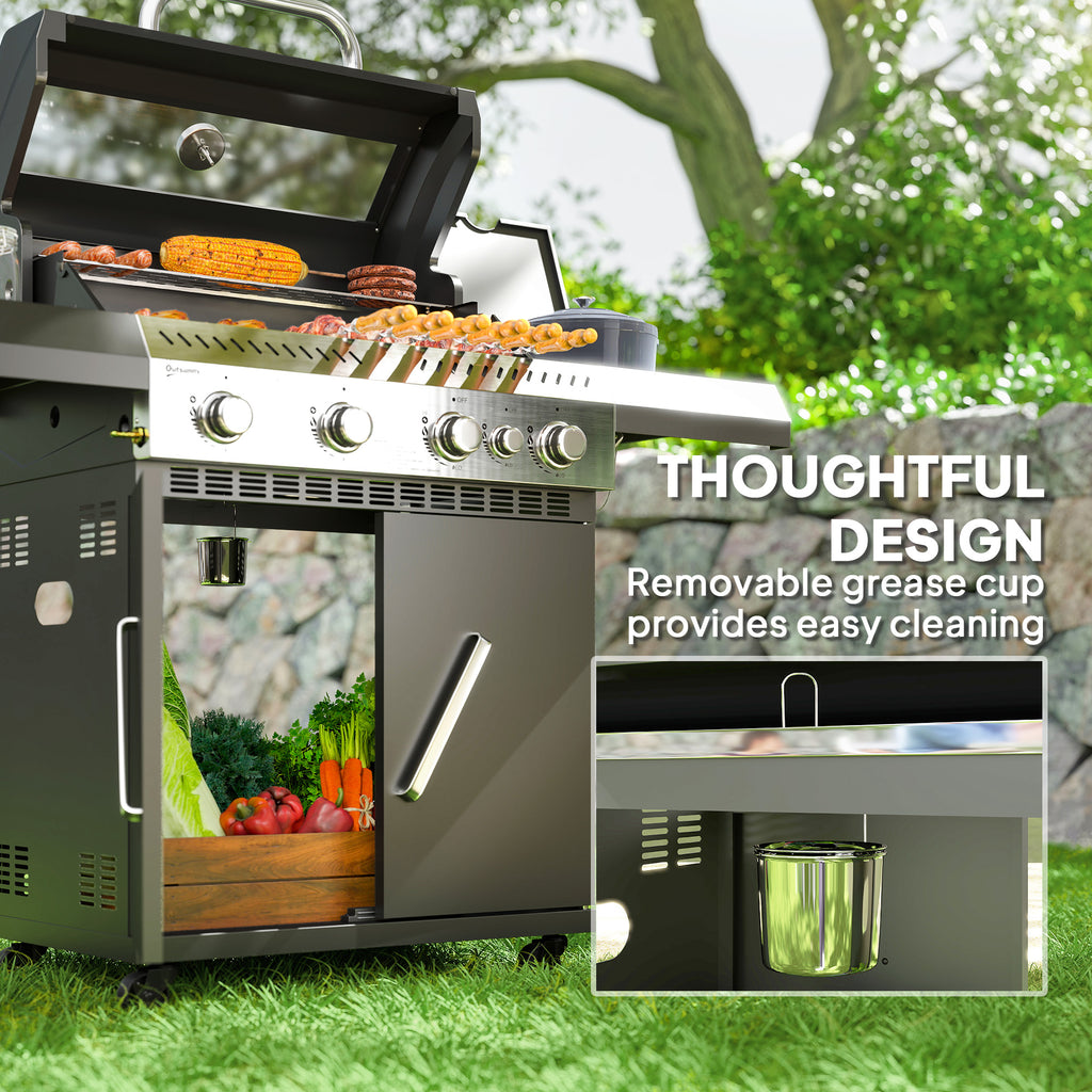 Outsunny Gasgrill 12 KW Grillwagen inkl 5 Brenner Seitenkocher Rolle Deckel Thermometer Seitenablagen 135 x 54 x 110 cm