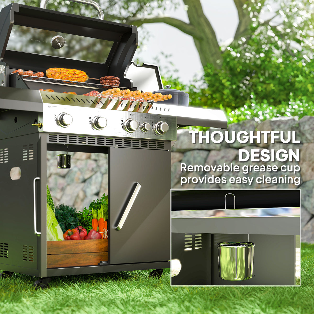 Outsunny Gasgrill 12 KW Grillwagen inkl 5 Brenner Seitenkocher Rolle Deckel Thermometer Seitenablagen 135 x 54 x 110 cm