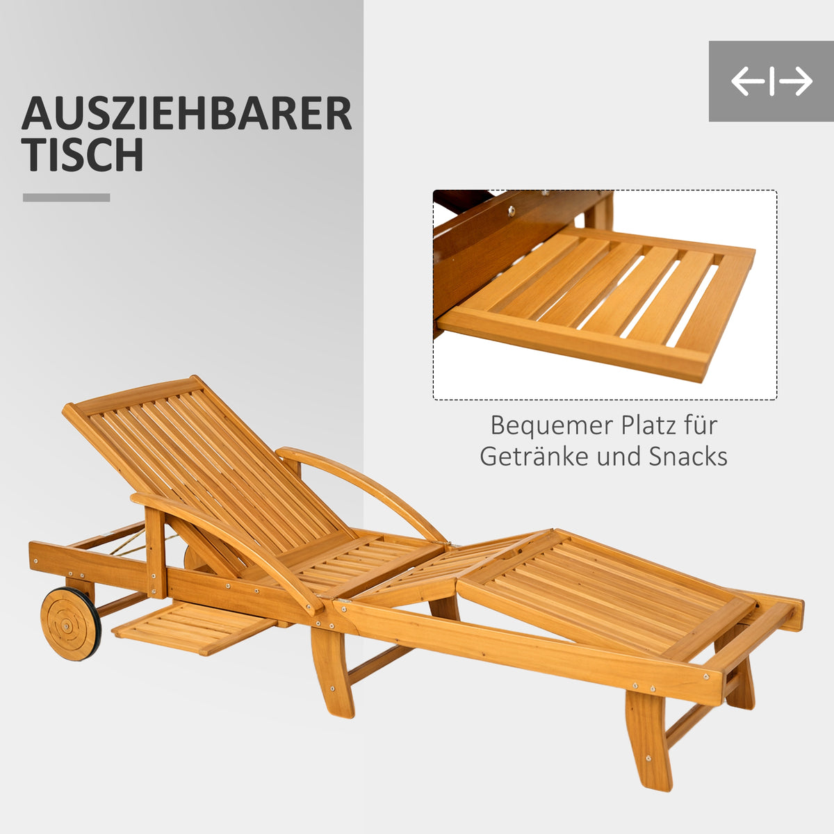 Outsunny Sonnenliege Holz klappbar Gartenliege mit Seitentisch, Rolle, 4-Fach verstellbare Rückenlehne Teak
