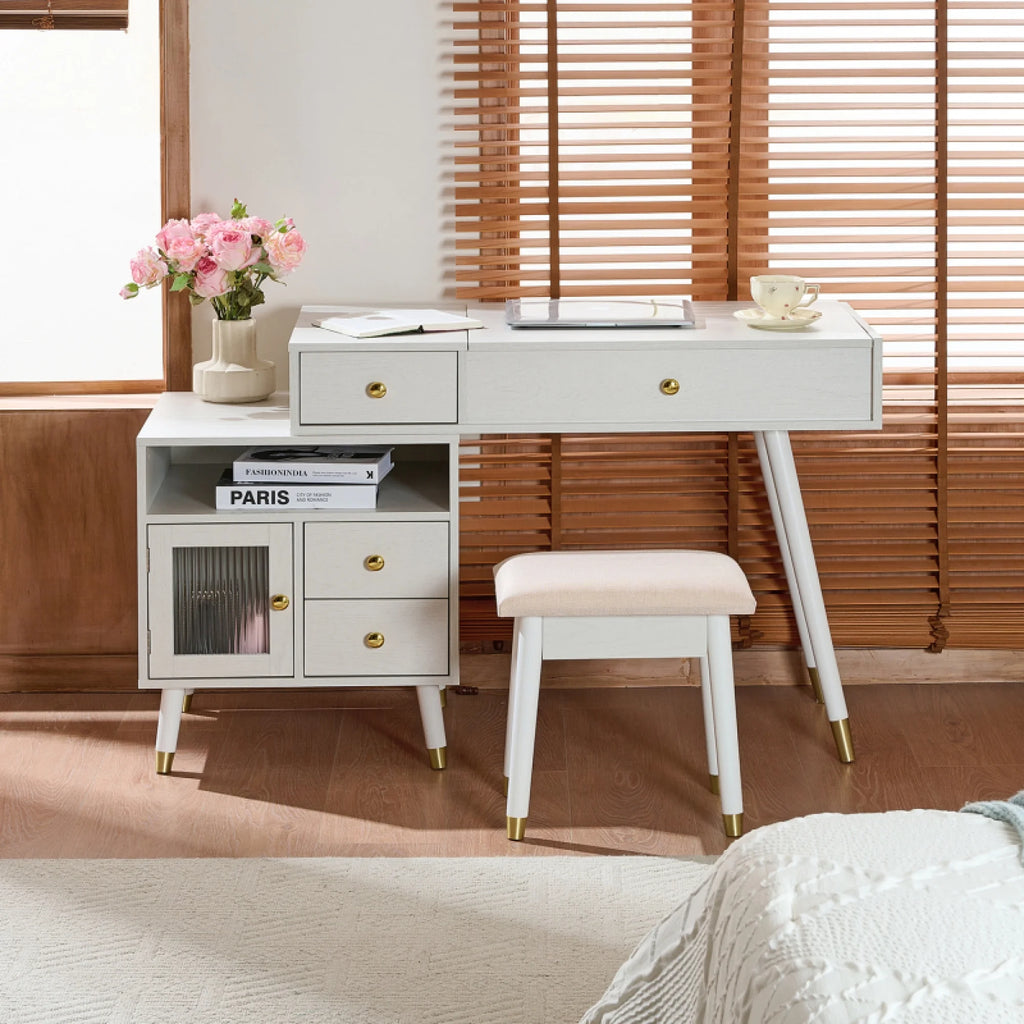 3 - in - 1 Vanity Desk with Lighted Flip - Top Mirror & Adjustable Cabinet, Makeup Dressing Table with Stool, Dresser with Drawers for Bedroom, White