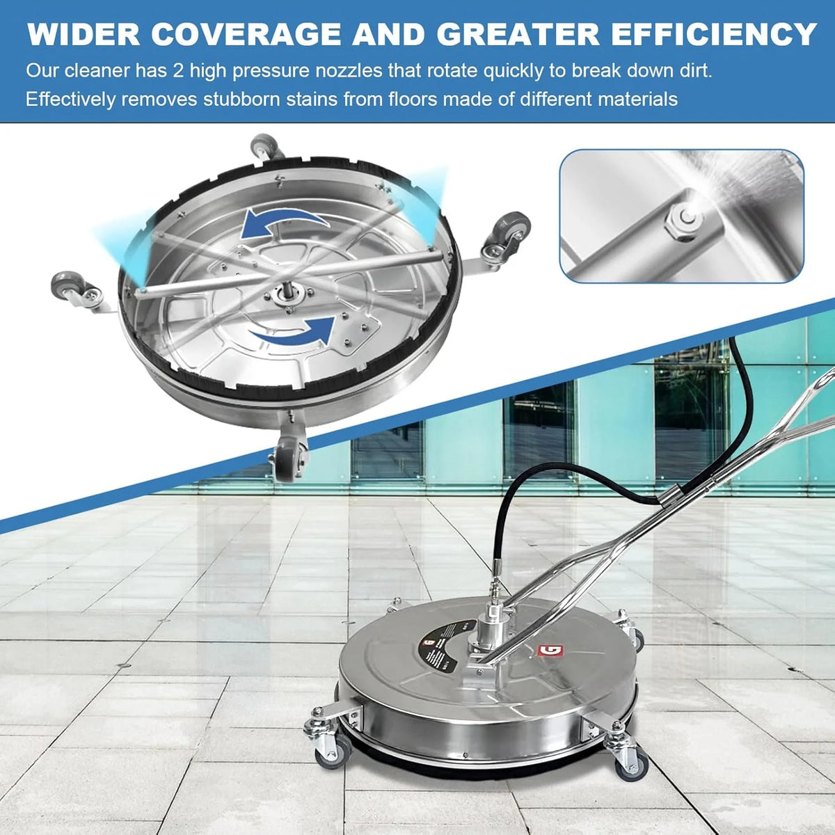Garvee 24" Pressure Washer Surface Cleaner with Dual Handles - Stainless Steel, 4 - Wheel Design for Driveways, Sidewalks, Curbs, Decks, & Patios - 4900 PSI, High - Efficiency Cleaning Accessory