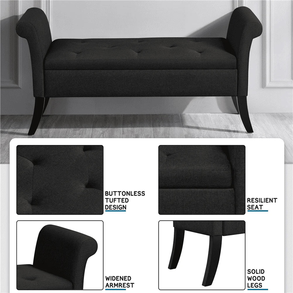 SMILE MART Modern Fabric Tufted Storage Bench with Rolled Arms for Home, Black