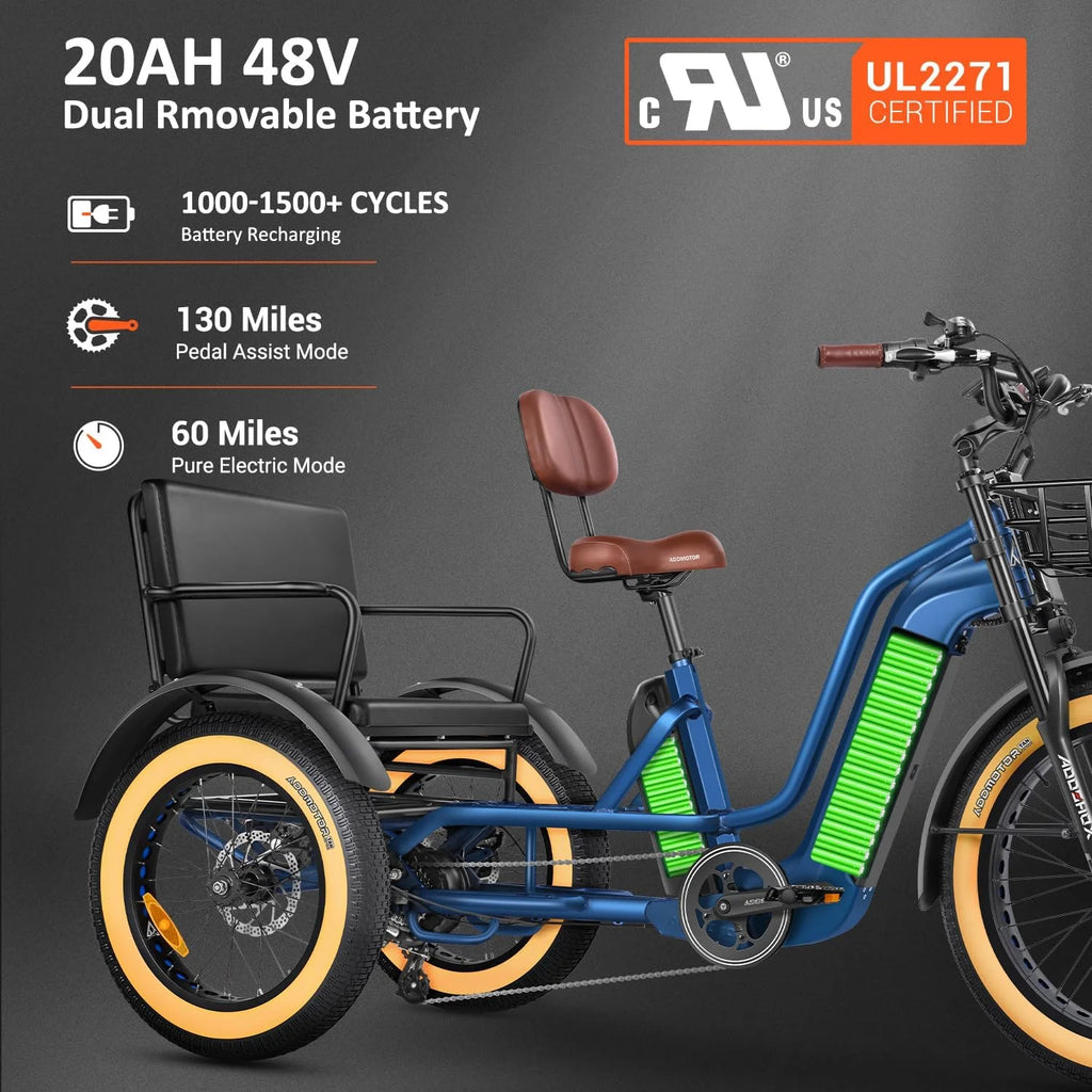 ADDMOTOR GREATTAN L Electric Trike for Adults, 750W Rear Motor Electric Trike with Passenger Seat, 65/130mi 20/40AH 48V, Dual - Battery System 2 Seater Electric Tricycle, Parking Brake, Differential