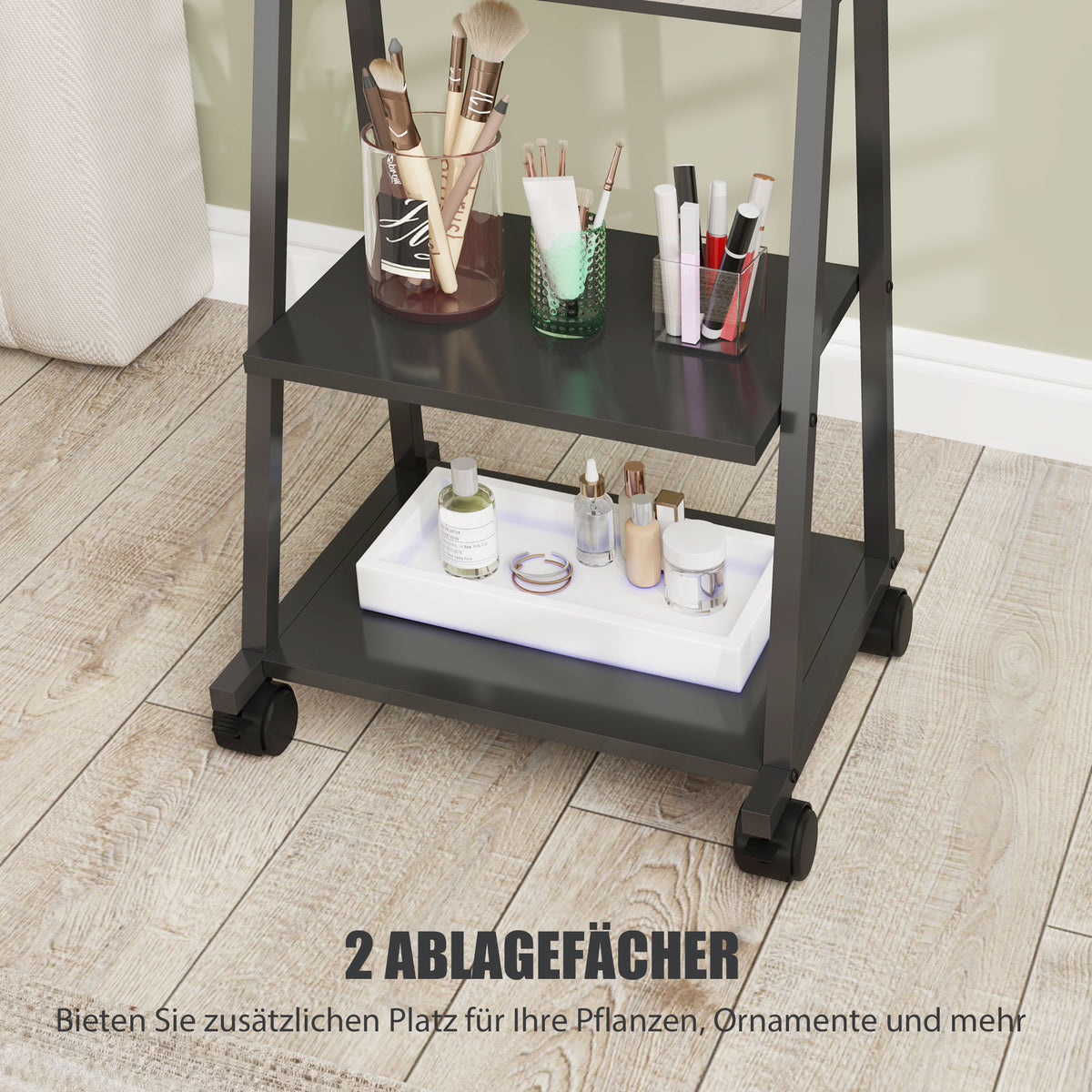 HOMCOM Rollbarer Ganzkörperspiegel mit 2 Regalen und 4 Rädern, für Schlafzimmer, Wohnzimmer, Flur, Schwarz