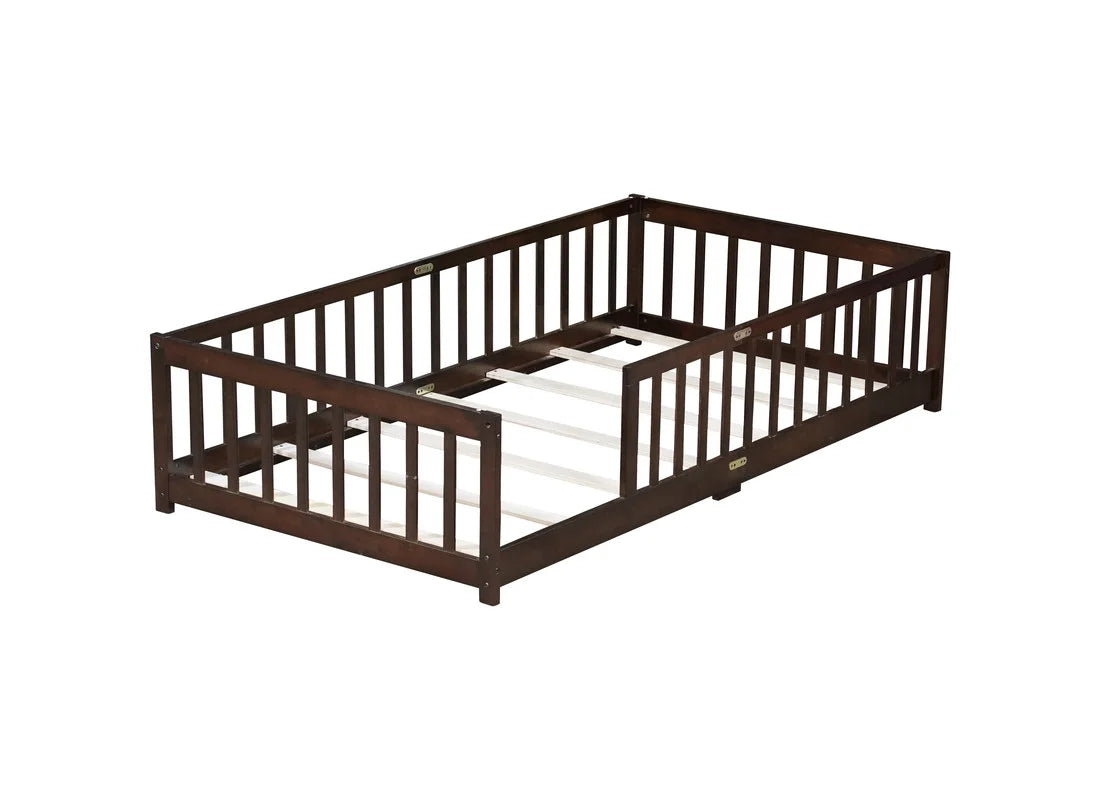 Bellemave Twin Size Floor Beds, Wood Montessori Bed with Fence Railings & Support Slats, No Box Spring Needed (Gray