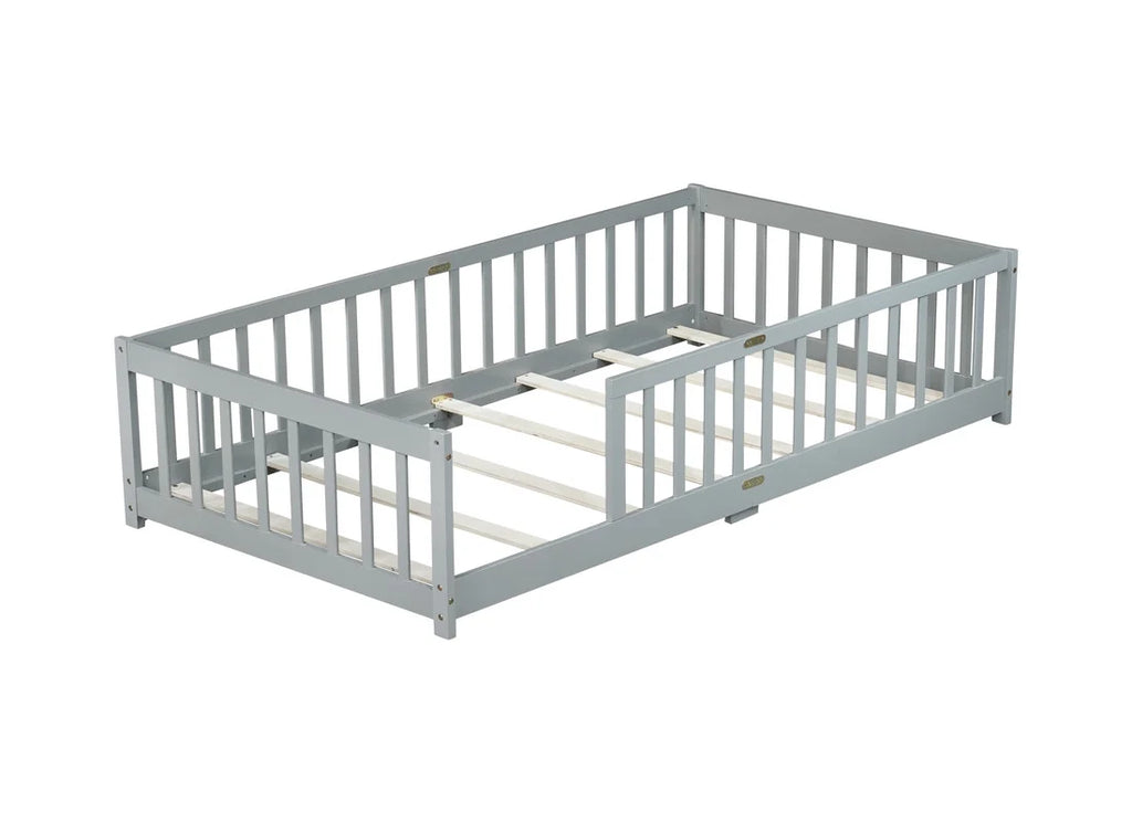 Bellemave Twin Size Floor Beds, Wood Montessori Bed with Fence Railings & Support Slats, No Box Spring Needed (Gray