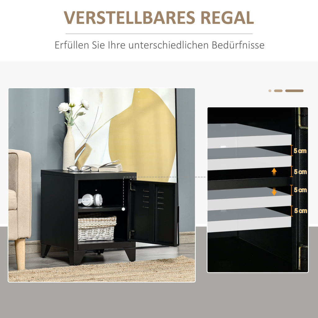 HOMCOM Nachttisch, Beistelltisch mit verstellbarem Regal, Tür, Nachtschrank für Schlafzimmer, Wohnzimmer, Metall, Schwarz, 50 x 40 x 47,5 cm