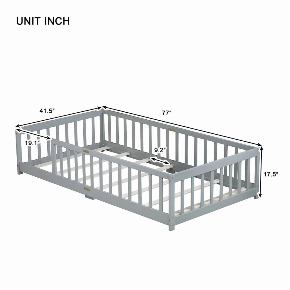 Bellemave Twin Size Floor Beds, Wood Montessori Bed with Fence Railings & Support Slats, No Box Spring Needed (Gray