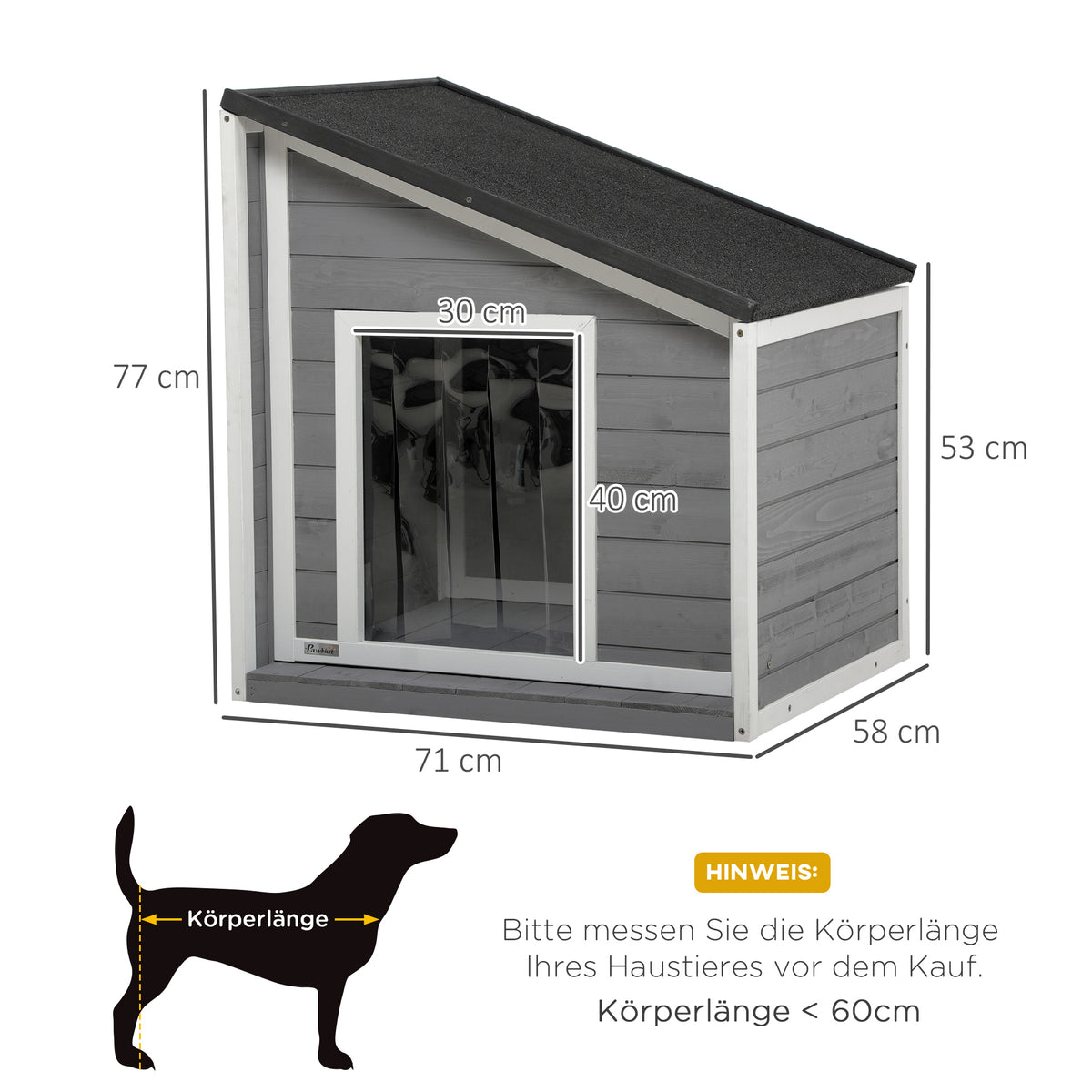 PawHut Hundehütte aus Massivholz, wetterbeständig, Asphaltdach, 71 cm x 58 cm x 77 cm, Grau + Weiß