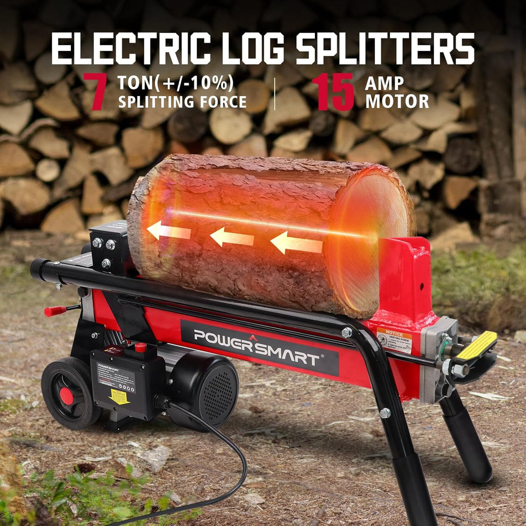 PowerSmart Electric Log Splitter 7-Ton - Efficient Wood Splitter with 3500 Motor Speed, 15 Amp, Horizontal Full Beam Design and Steel Wedge for Firewood & Kindling Cutting
