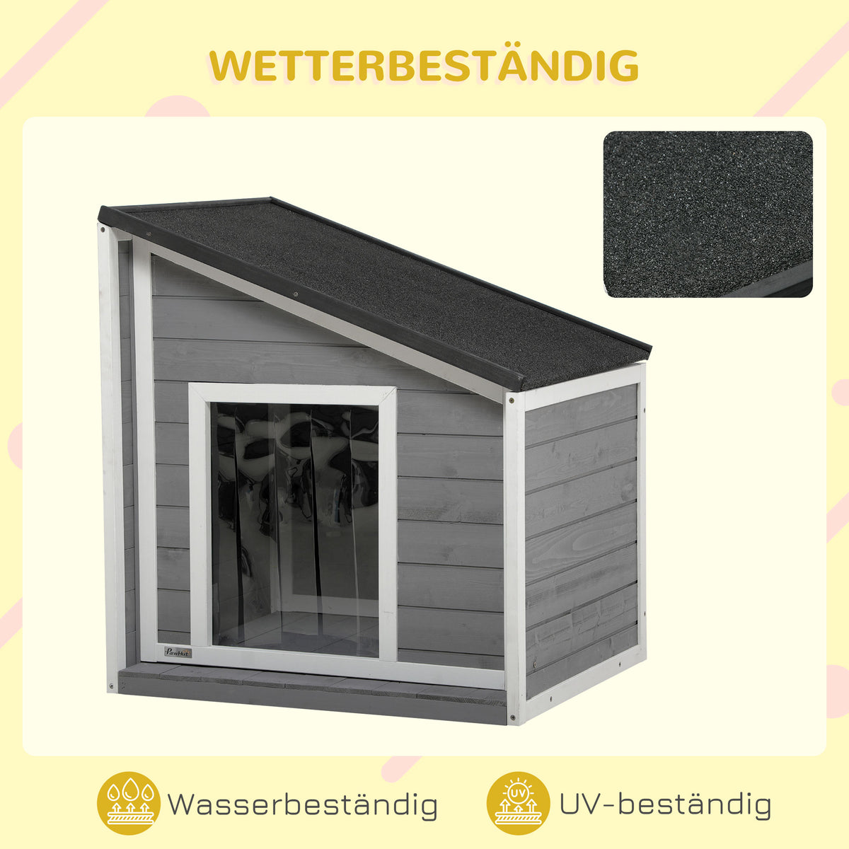 PawHut Hundehütte aus Massivholz, wetterbeständig, Asphaltdach, 71 cm x 58 cm x 77 cm, Grau + Weiß