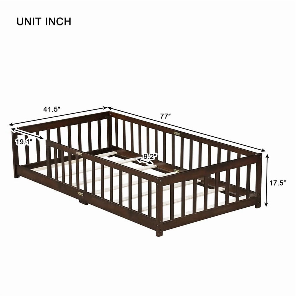 Bellemave Twin Size Floor Beds, Wood Montessori Bed with Fence Railings & Support Slats, No Box Spring Needed (Gray