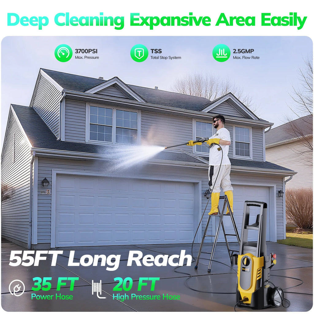 VECUKTY Electric Pressure Washer, 3700 PSI Max 2.5 GPM Power Washer with 35FT Cord, 20FT Hose, 4 Quick Nozzles, Foam Cannon for Car Garden Patio