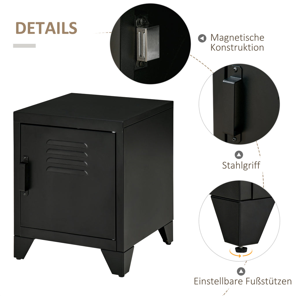 HOMCOM Nachttisch, Beistelltisch mit verstellbarem Regal, Tür, Nachtschrank für Schlafzimmer, Wohnzimmer, Metall, Schwarz, 50 x 40 x 47,5 cm