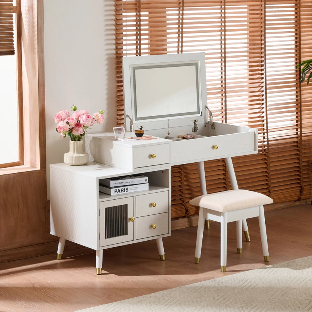 3 - in - 1 Vanity Desk with Lighted Flip - Top Mirror & Adjustable Cabinet, Makeup Dressing Table with Stool, Dresser with Drawers for Bedroom, White
