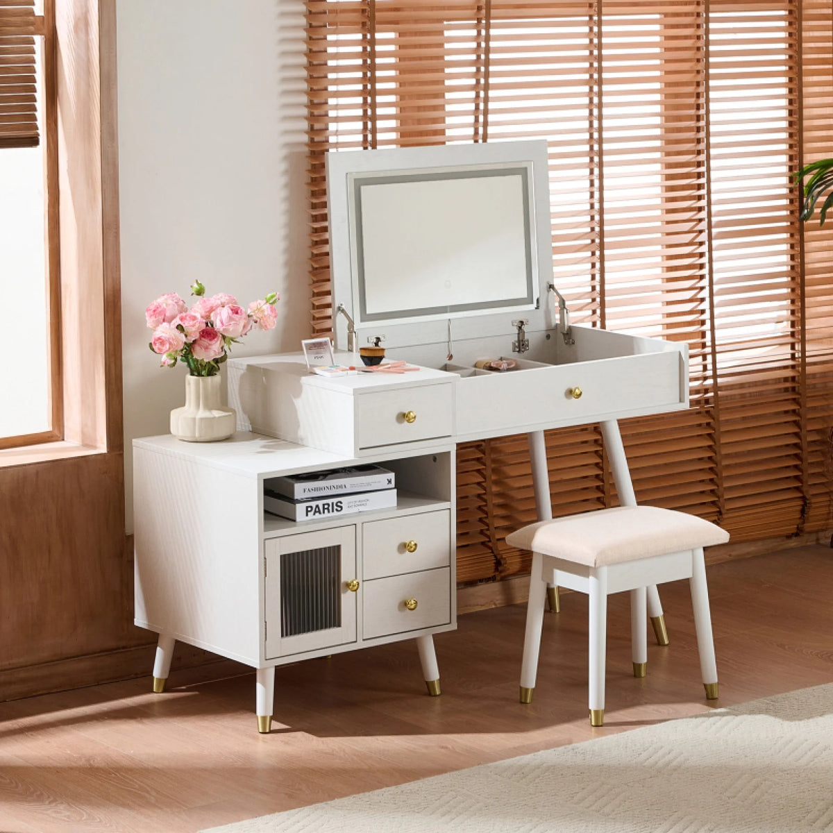 3 - in - 1 Vanity Desk with Lighted Flip - Top Mirror & Adjustable Cabinet, Makeup Dressing Table with Stool, Dresser with Drawers for Bedroom, White