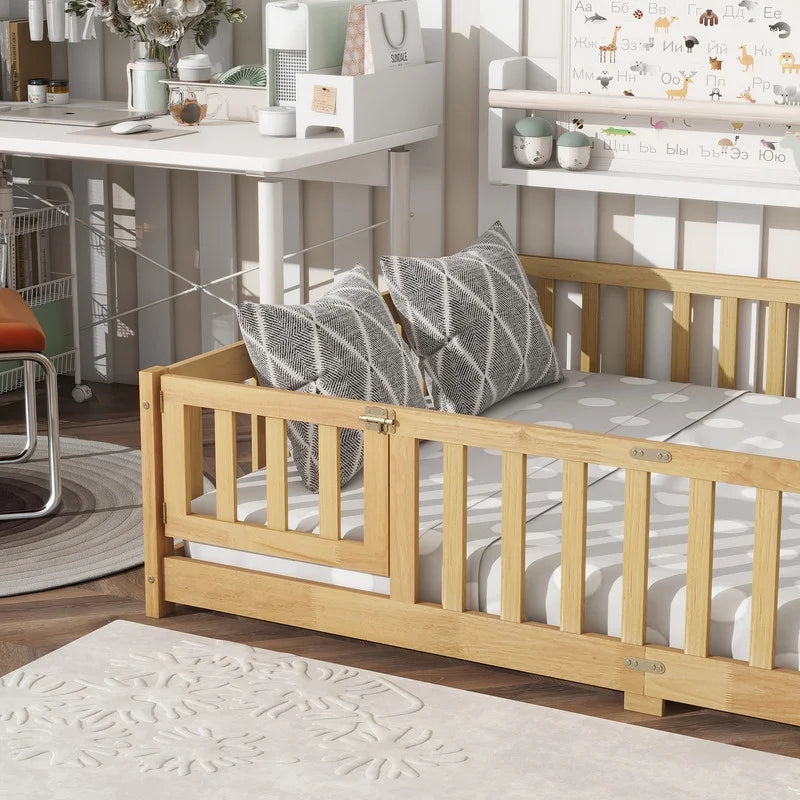 Bellemave Twin Size Floor Beds, Wood Montessori Bed with Fence Railings & Support Slats, No Box Spring Needed (Gray