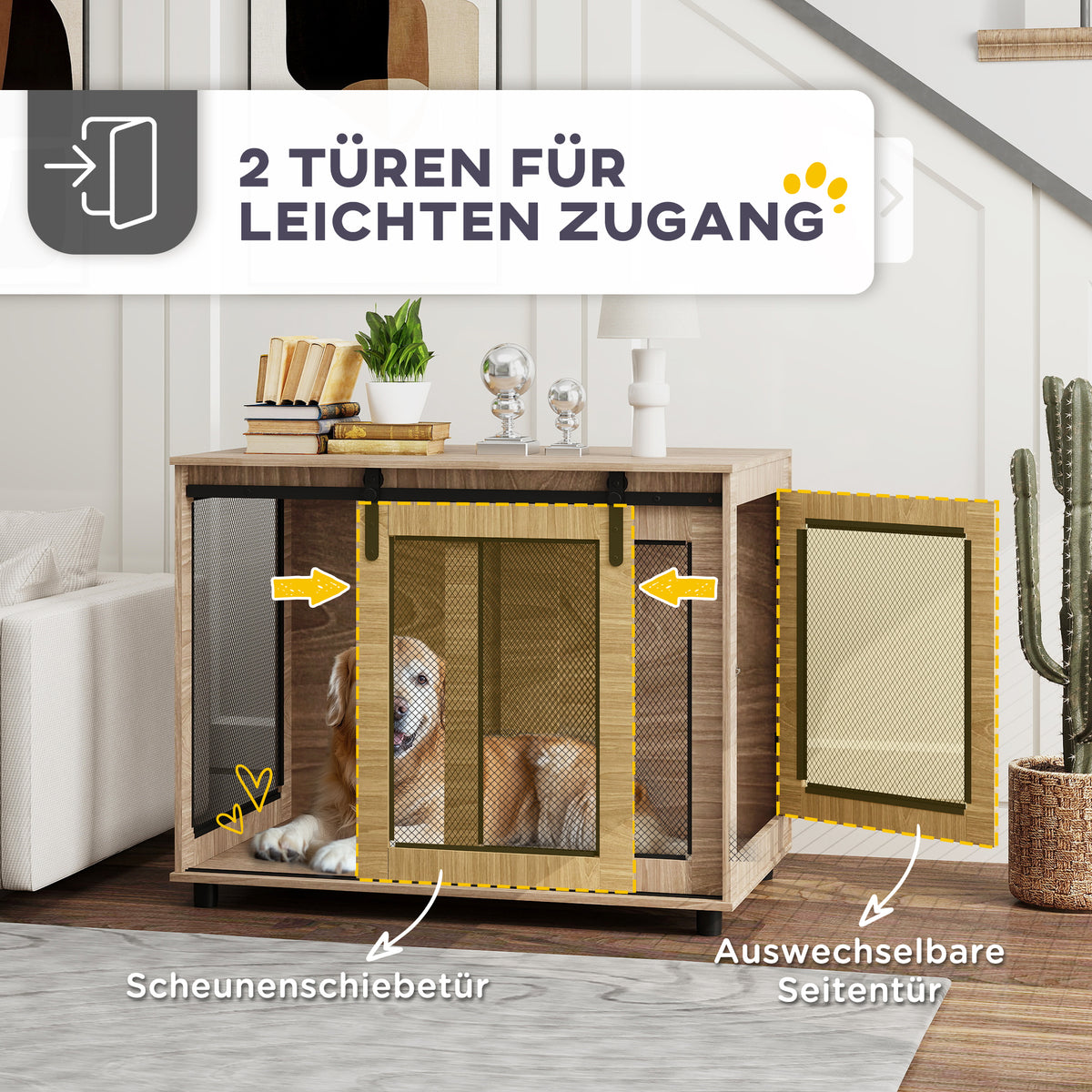PawHut Hundebox, Transportbox für Hunde, Rückzugsbox für Haustiere, verschließbare Türen, 98 x 60 x 78 cm, Hellbraun