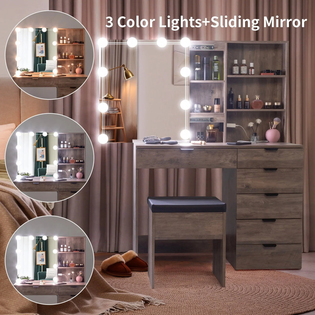 Ktaxon Vanity Set with 3 Color Lighted Mirror & Charging Station, Makeup Table with 6 Drawers, Dressing Table Makeup Desk with Stool, Retro Gray