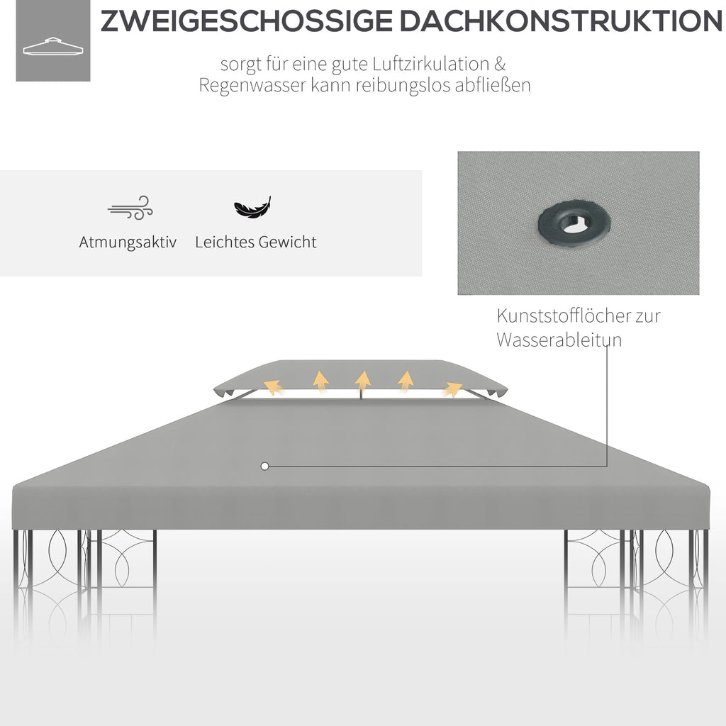 Outsunny Ersatzdach für Metallpavillon 3x4m wasserabweisend Pavillondach mit Doppeldach, Ersatzbezug für Gartenpavillon Partyzelt Gartenzelt Polyester Hellgrau