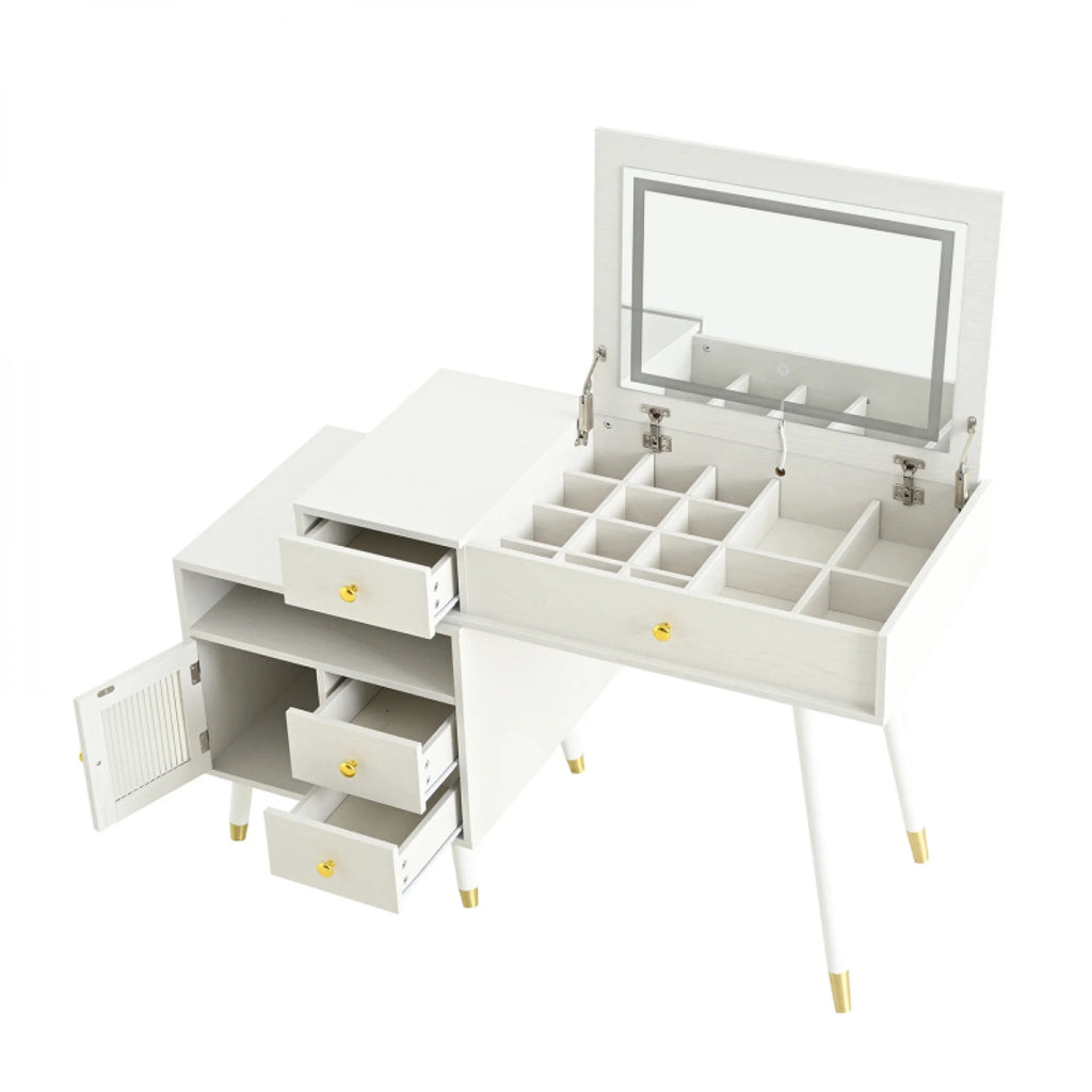 3 - in - 1 Vanity Desk with Lighted Flip - Top Mirror & Adjustable Cabinet, Makeup Dressing Table with Stool, Dresser with Drawers for Bedroom, White