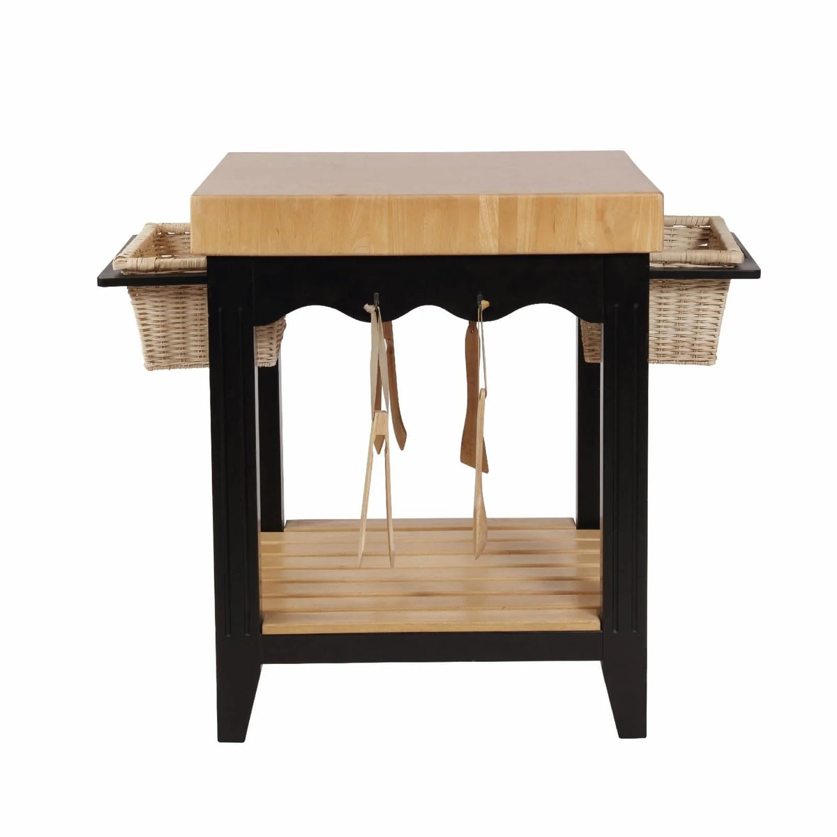 Kolton Square Kitchen Island, Black and Natural with Butcher Block Top