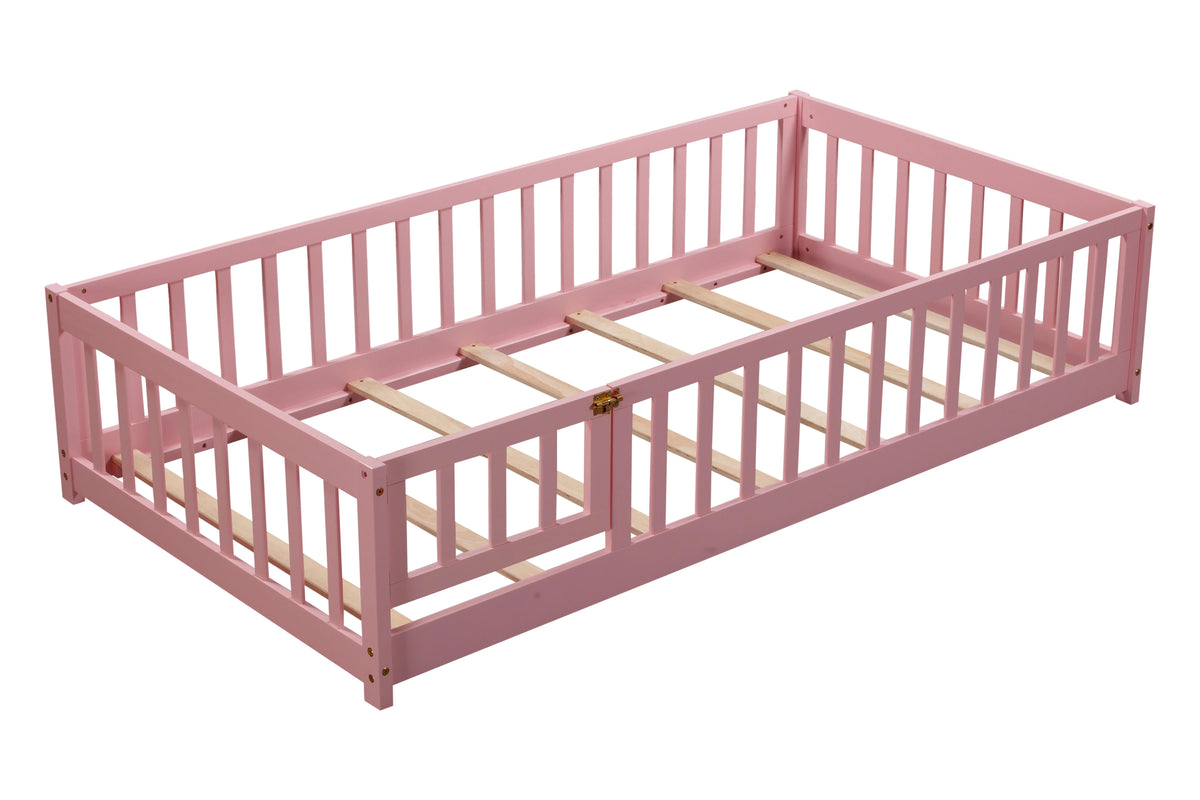 Bellemave Twin Size Floor Beds, Wood Montessori Bed with Fence Railings & Support Slats, No Box Spring Needed (Gray
