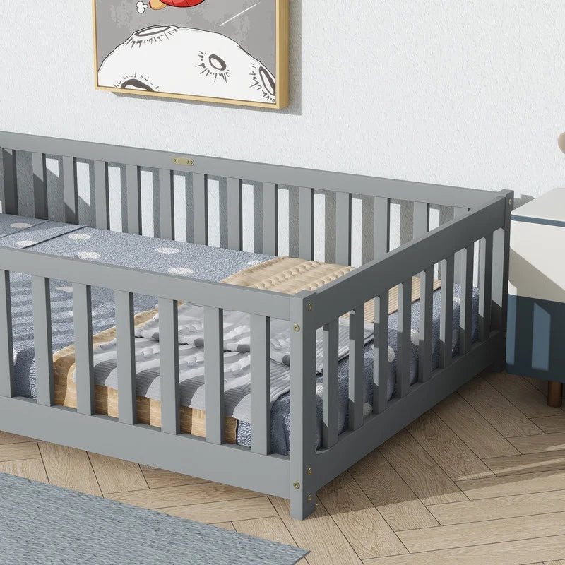 Bellemave Twin Size Floor Beds, Wood Montessori Bed with Fence Railings & Support Slats, No Box Spring Needed (Gray