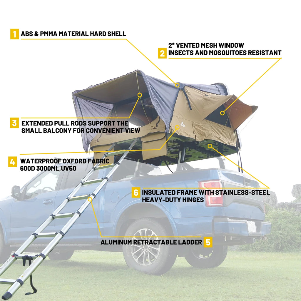 WOLFSTORM Hardshell Rooftop Tent, 2 - 3 Person, Khaki, Waterproof, 143.3 lb