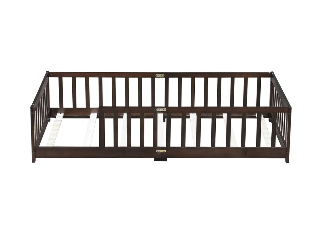 Bellemave Twin Size Floor Beds, Wood Montessori Bed with Fence Railings & Support Slats, No Box Spring Needed (Gray