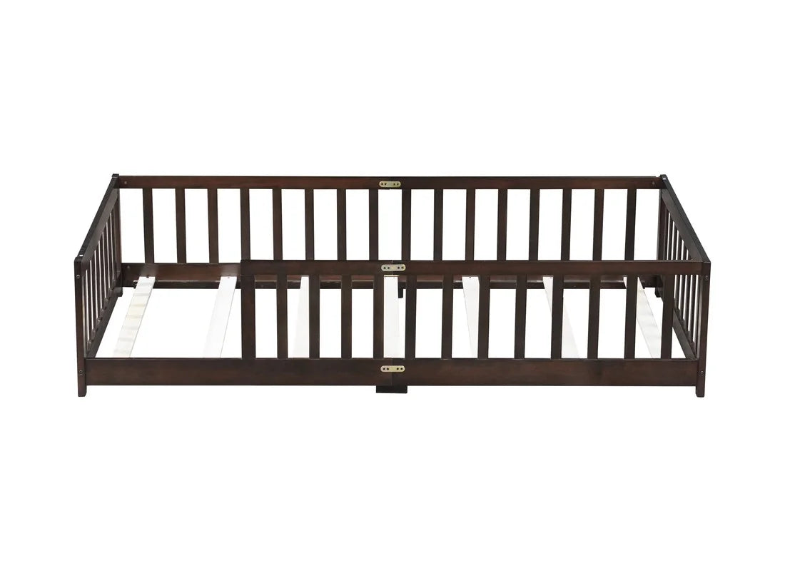 Bellemave Twin Size Floor Beds, Wood Montessori Bed with Fence Railings & Support Slats, No Box Spring Needed (Gray