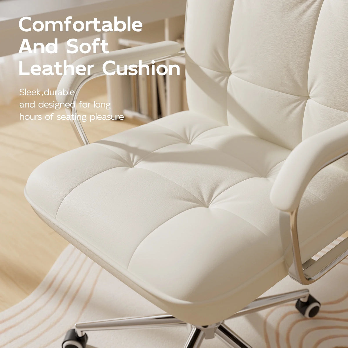 Solfway White Office Chair, Swivel Leather Computer Desk Chair with Wheels and Padded Arms, Executive Office Chair for Adults