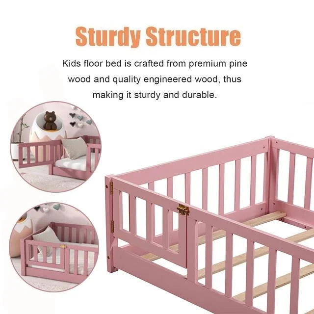 Bellemave Twin Size Floor Beds, Wood Montessori Bed with Fence Railings & Support Slats, No Box Spring Needed (Gray