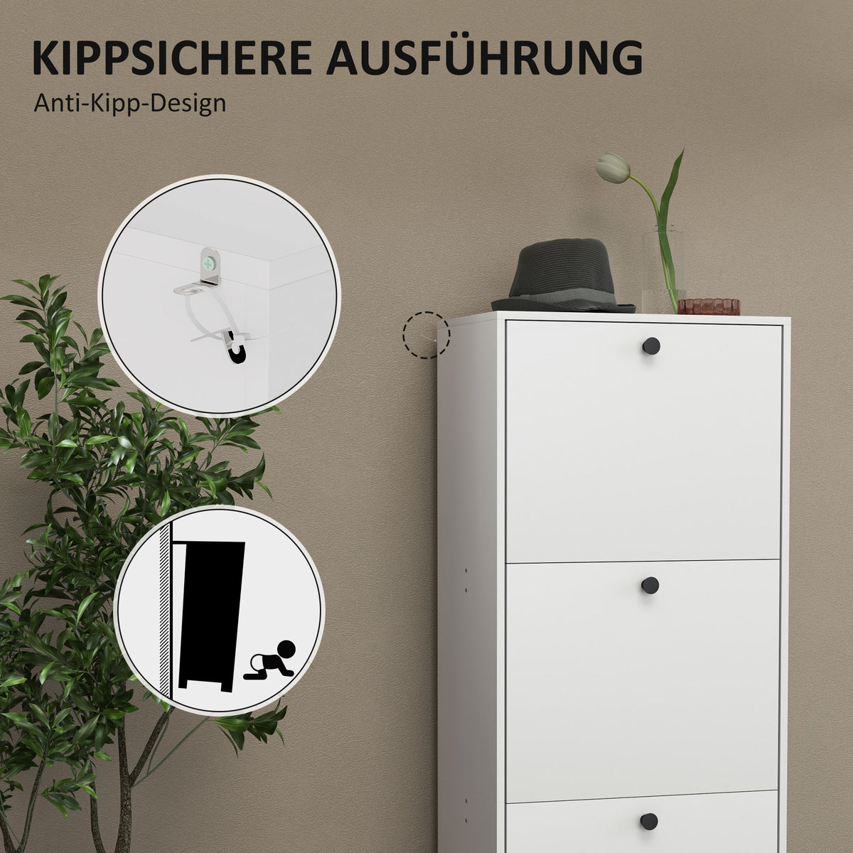 HOMCOM Schuhschrank, Schuhregal, 3 Klappfächer, verstellbar, Spanplatte, Weiß