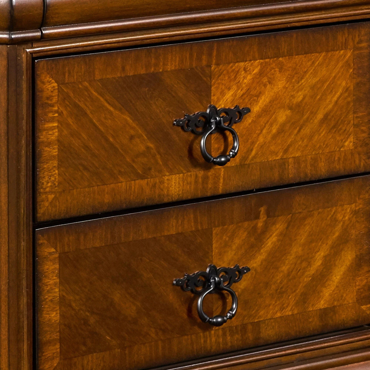 3 Drawer Wooden Nightstand with Sled Base and Metal Ring Pulls, Brown