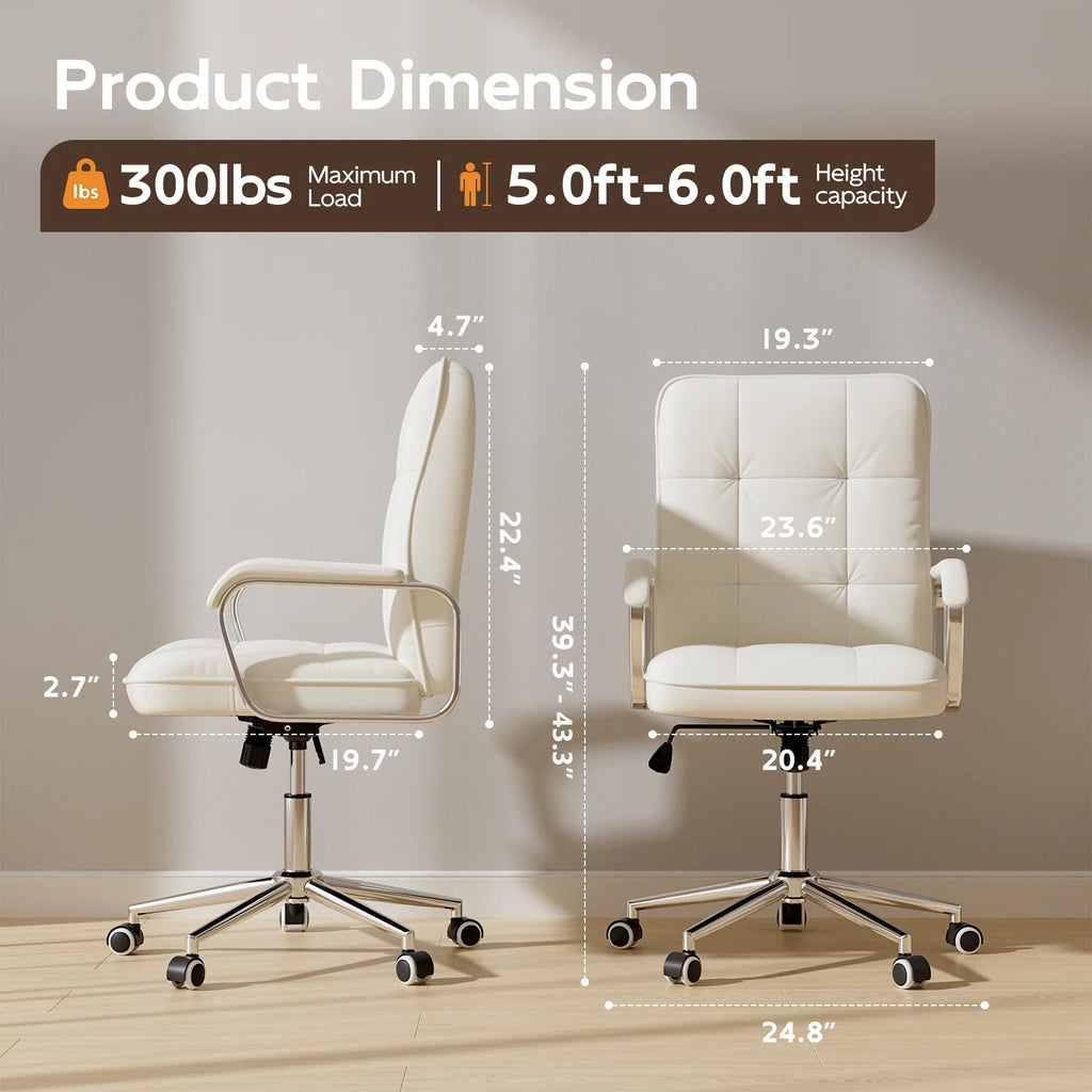 Solfway White Office Chair, Swivel Leather Computer Desk Chair with Wheels and Padded Arms, Executive Office Chair for Adults