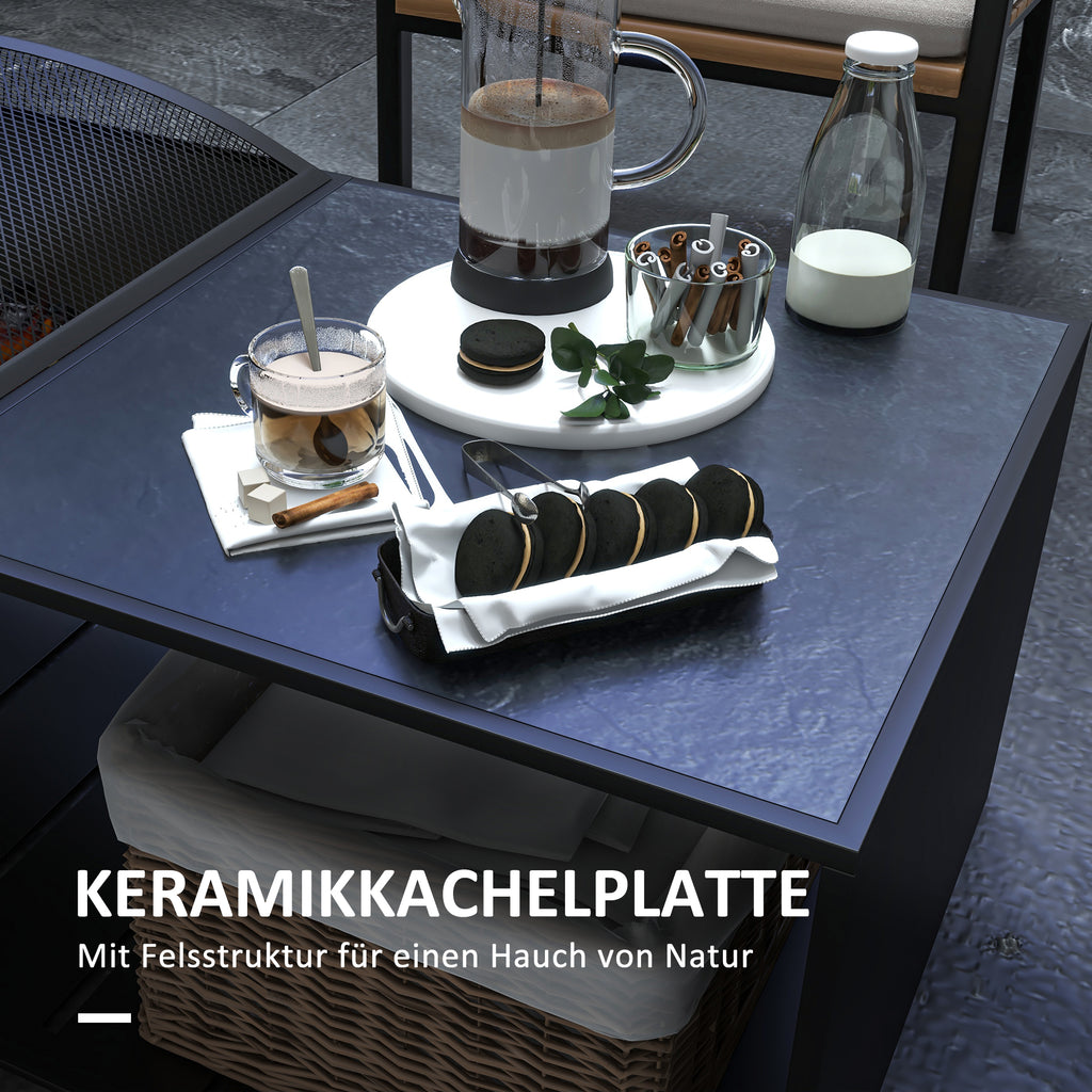 Outsunny 2 in1 Feuerschale, Tischplatte mit Keramikfliesen, Schürhaken, rostfrei, 101 x 51 x 56 cm, Schwarz