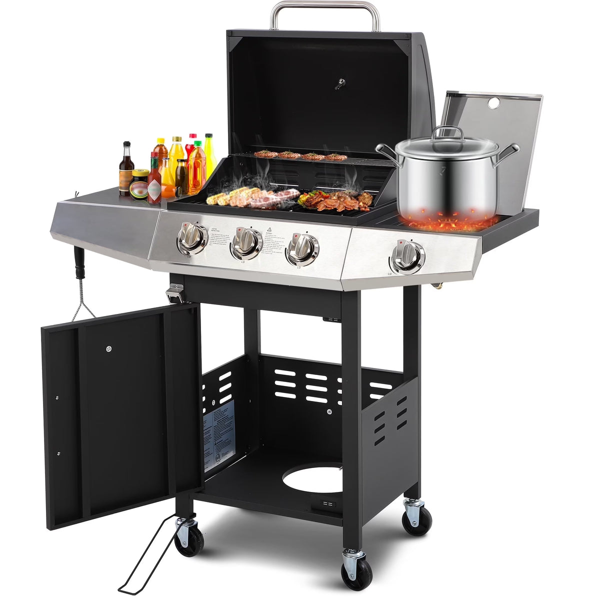 4 - Burner Gas Grill with 4 Universal Wheels & Bottle Opener, 40000BTU Outdoor Grill with Side Table for Camping, Black & Sliver