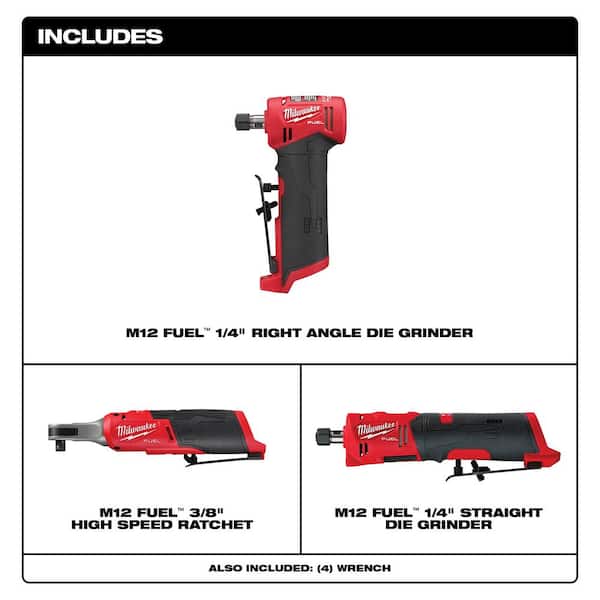 M12 FUEL 12V Lithium-Ion High Speed 3/8 in. Ratchet w/ (1) 1/4 in. Right Angle and (1) 1/4 in. Straight Die Grinder