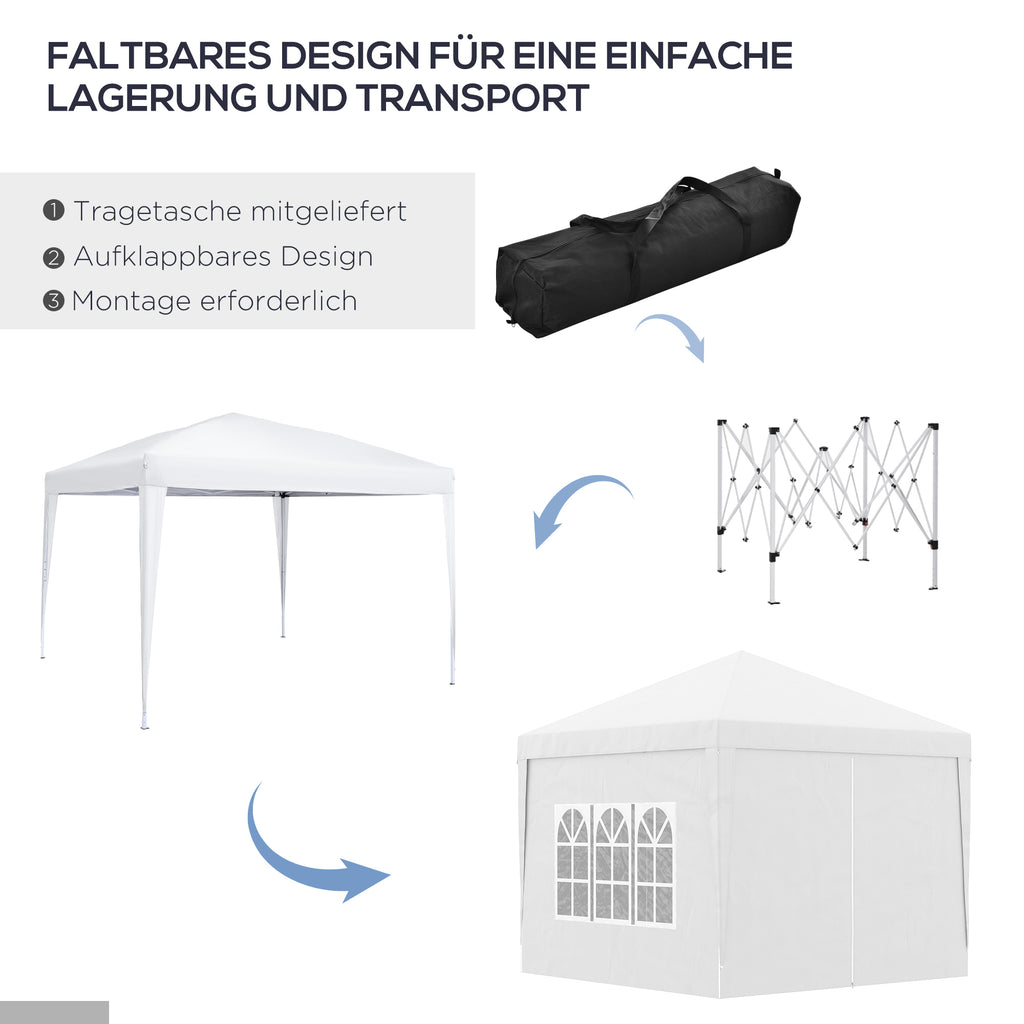 Outsunny 3 x 3 m Pavillon mit 4 Seitenwänden, Fenster, Festzelt mit UV-Schutz, Gartenzelt inkl. Tragetasche, Stahl, Weiß