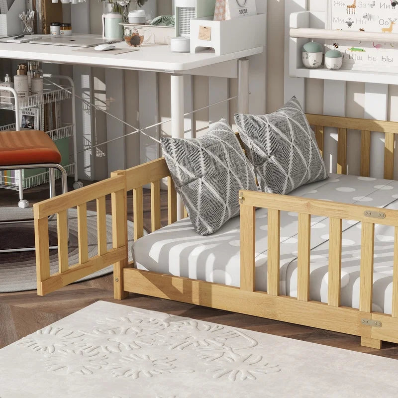 Bellemave Twin Size Floor Beds, Wood Montessori Bed with Fence Railings & Support Slats, No Box Spring Needed (Gray