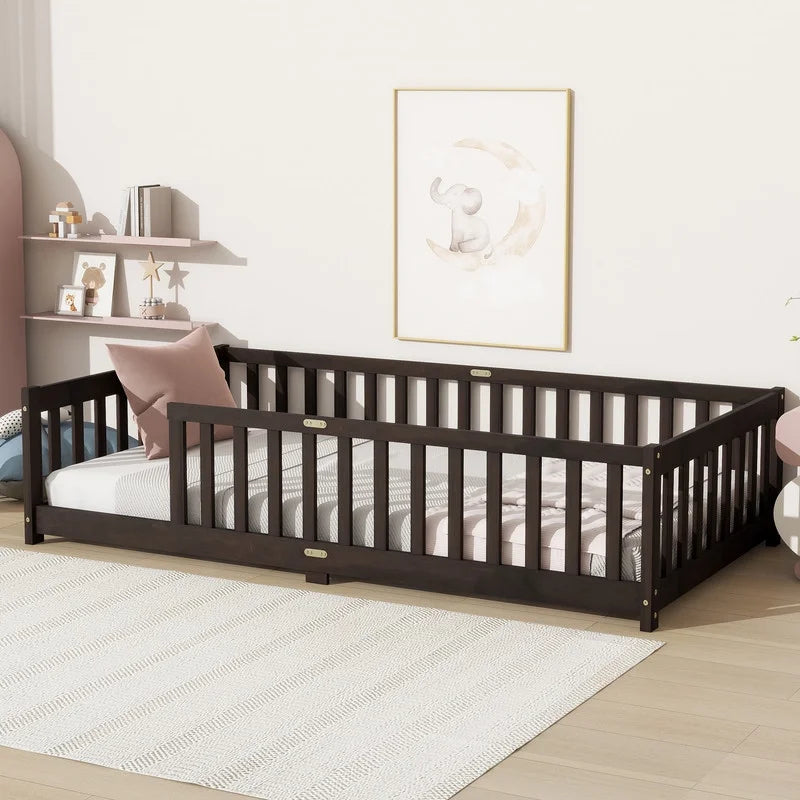 Bellemave Twin Size Floor Beds, Wood Montessori Bed with Fence Railings & Support Slats, No Box Spring Needed (Gray