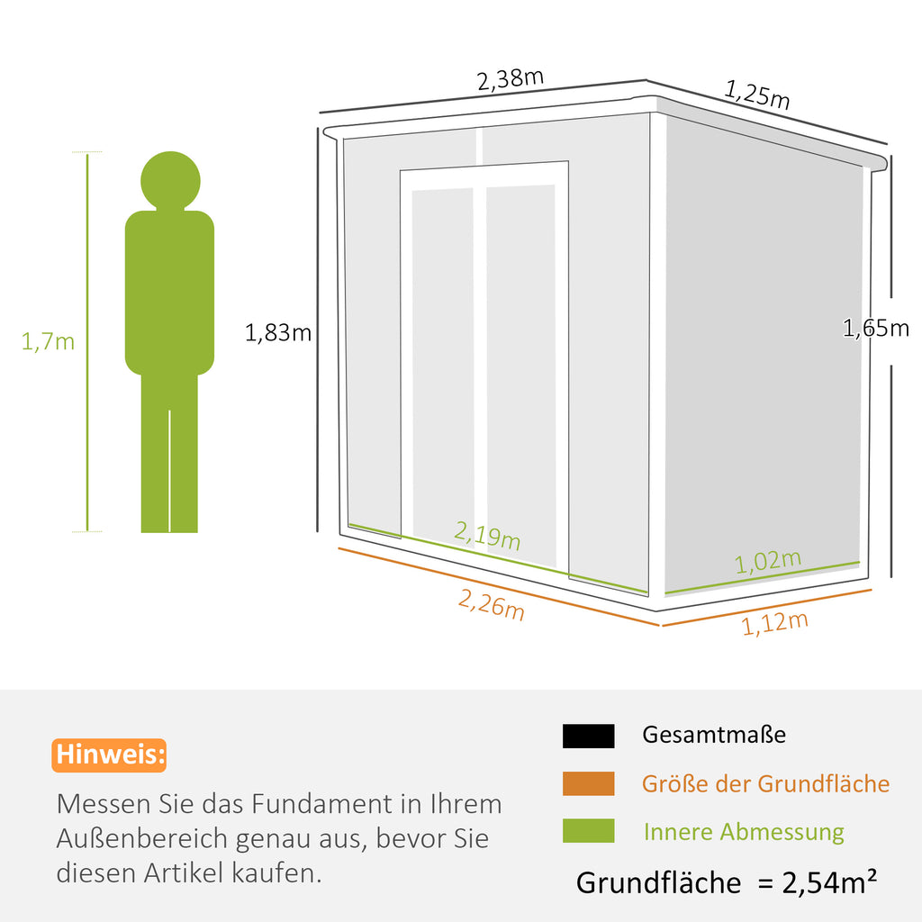 Outsunny 2,4 x 1,3 m Gartenschuppen, Kunststoff-Gartenhaus mit Boden, Fenster, verschließbare Türen, für Garten, Terrasse, Grau