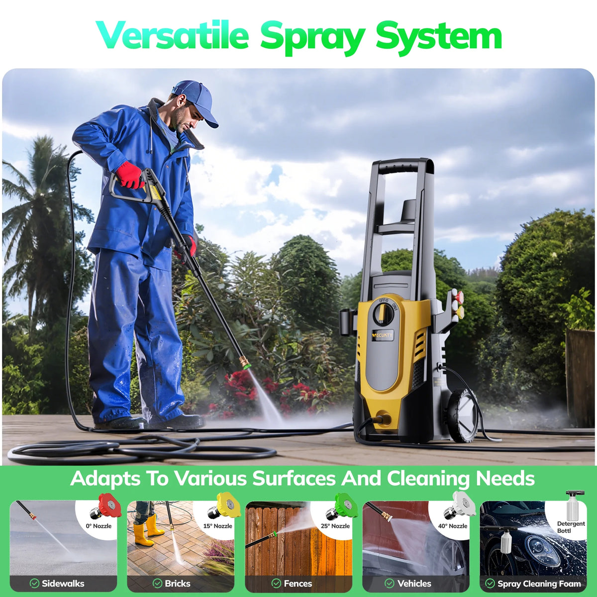 VECUKTY Electric Pressure Washer, 3700 PSI Max 2.5 GPM Power Washer with 35FT Cord, 20FT Hose, 4 Quick Nozzles, Foam Cannon for Car Garden Patio
