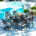 7 - Piece Patio Furniture Dining Set, All - Weather Cast Aluminum Outdoor Table and Chairs for 6, Includes 4 Dining Chair & 2 Swivel Chairs & 60 Rectangular Table, Beige