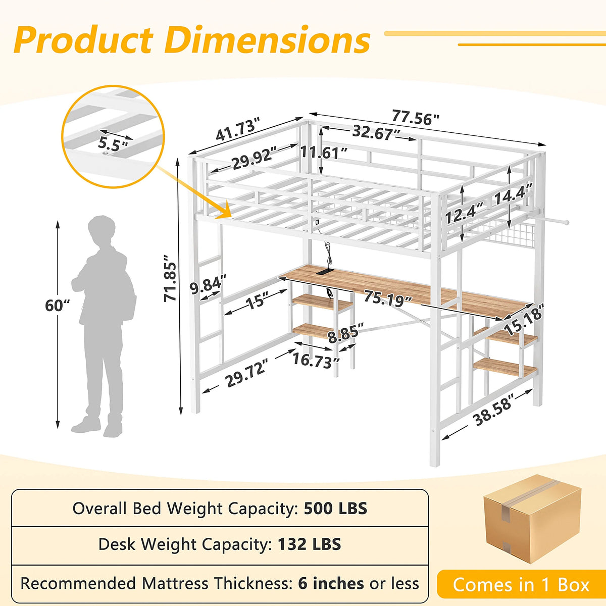 Twin Loft Bed with Desk, UHOMEPRO Metal Loft Bed with LED Lights, Charge Station, DIY Mesh, Clothes Rail, 4 Storage Shelves, Safety Rails and 2 Ladders, Loft Bed for Teen Adult, Black
