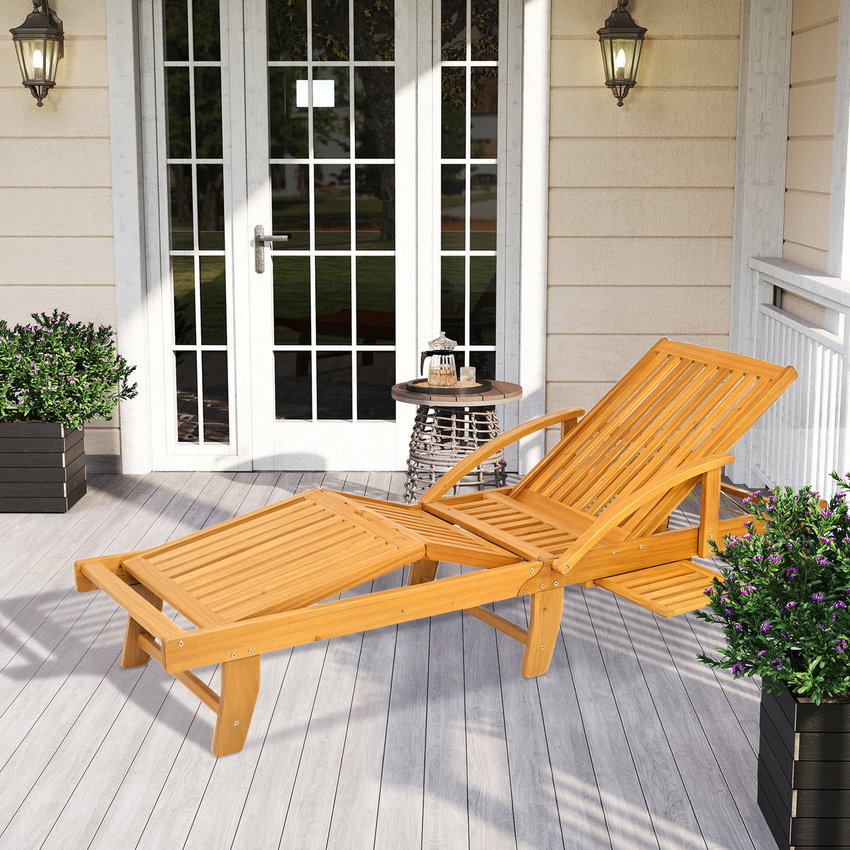 Outsunny Sonnenliege Holz klappbar Gartenliege mit Seitentisch, Rolle, 4-Fach verstellbare Rückenlehne Teak